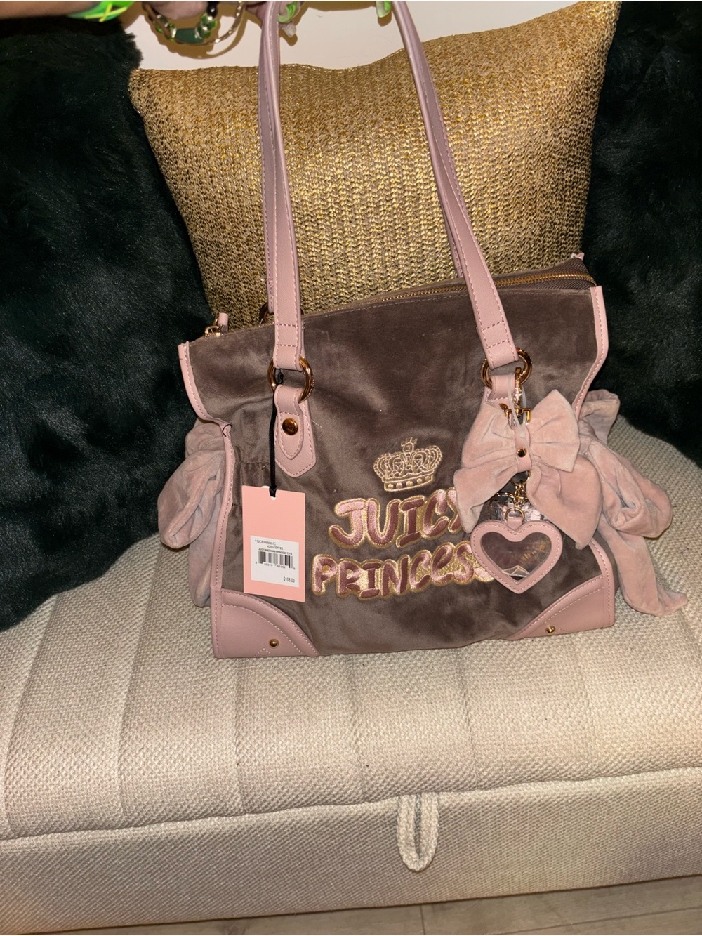 Juicy Couture Pink & Brown 'Juicy Princess' Velvet Shoulder Bag - Picture 8 of 11